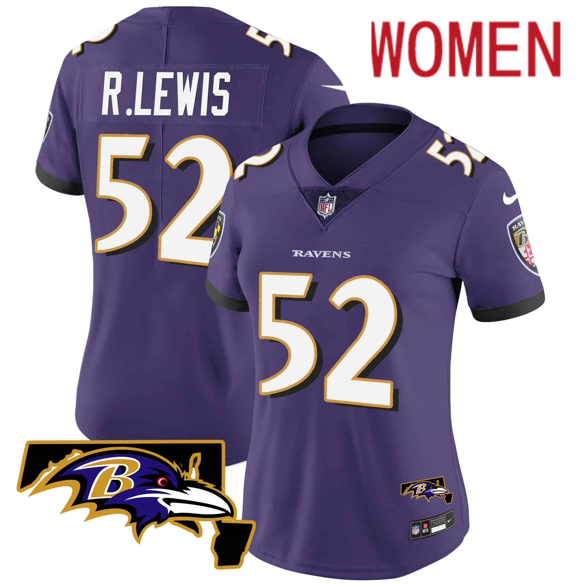 Women Baltimore Ravens 52 R.Lewis Purple 2024 Nike Maryland Patch Vapor Limited NFL Jersey style 1